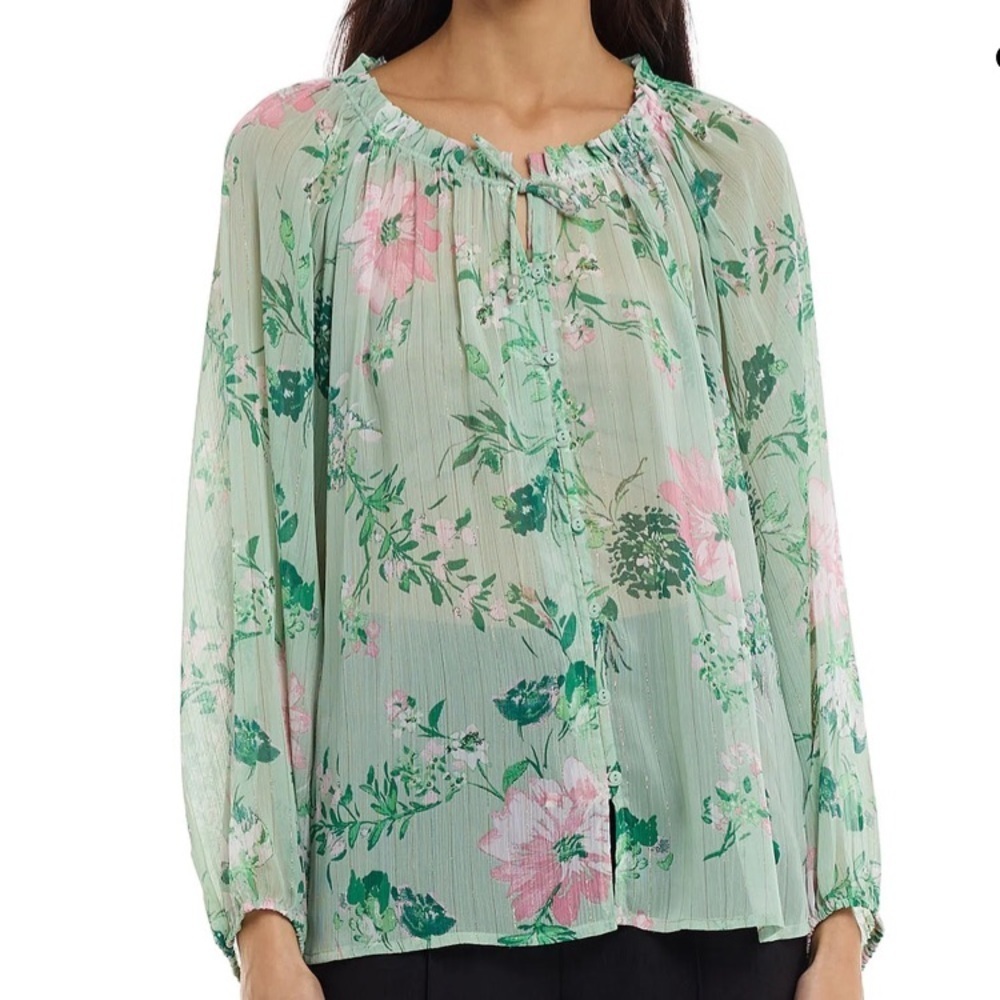 Zara Floral Sheer Blouse in Mint Green & Pink Ruffle Collar with Tie Flowy Fit - Picture 2 of 16